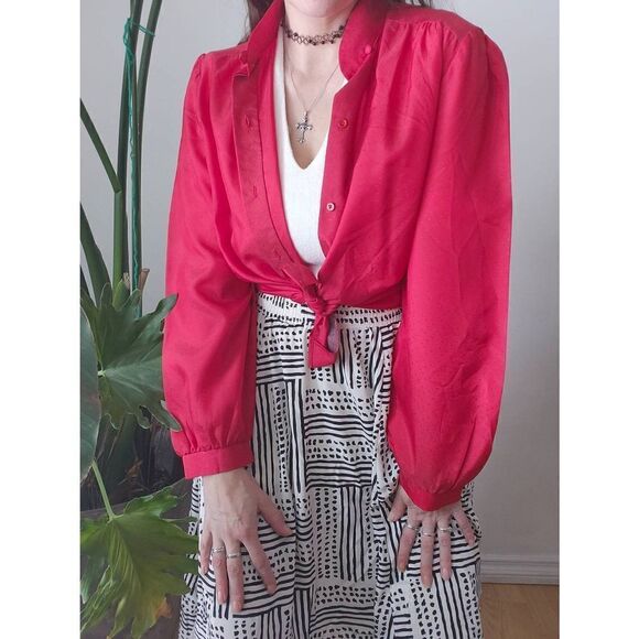 70s Red Collared Button Up Shirt Blouse Polyester Vintage 14 - Picture 1 of 5